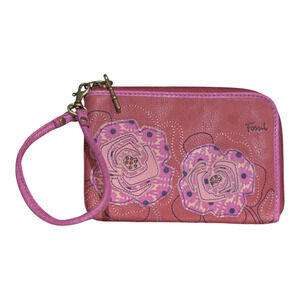 Fossil Wristlet Red Pink Floral Leather Zip‑Around 6 Card Slots Rhinestone EUC